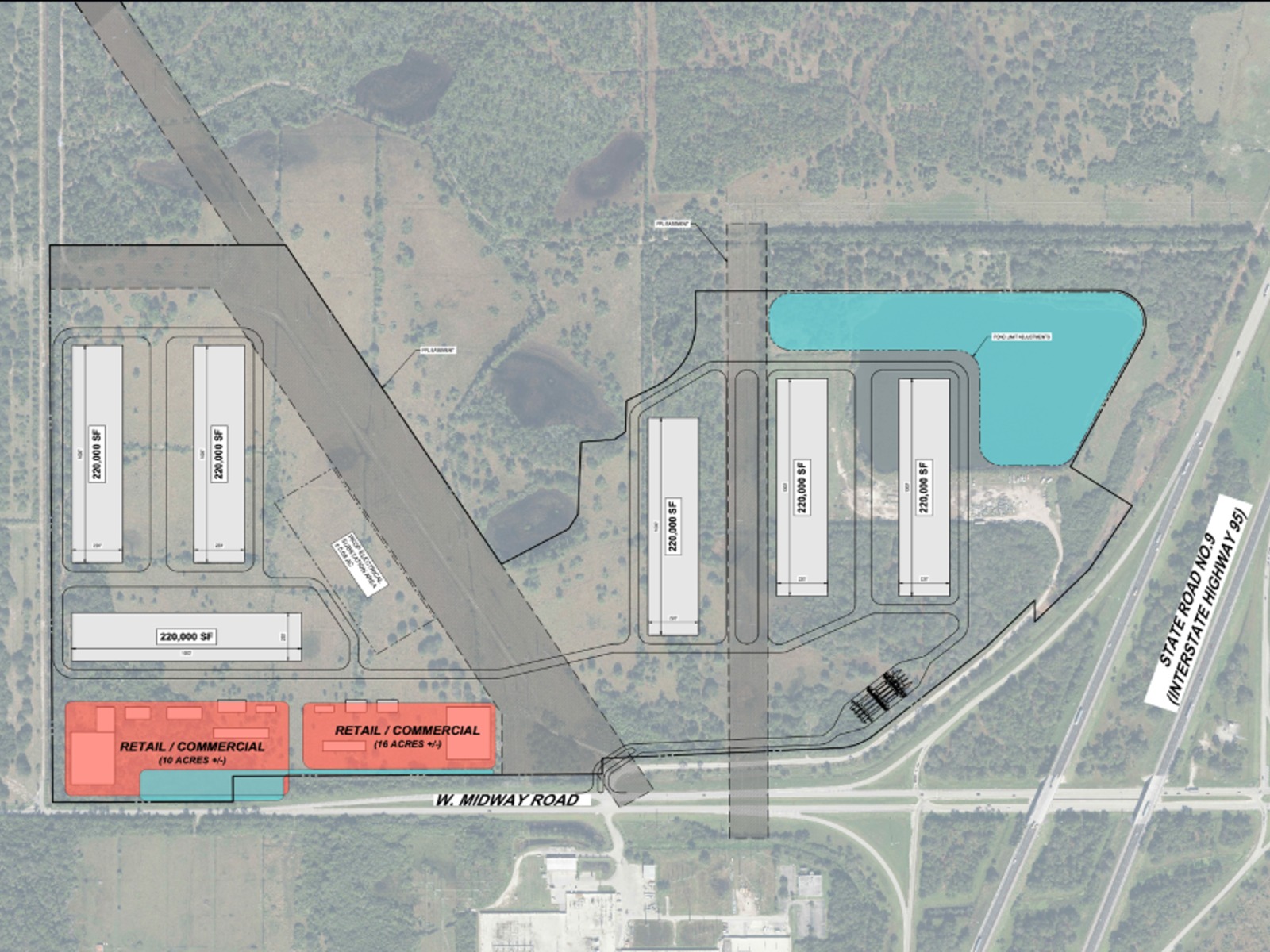 Project Neptune conceptual layout plan — six 220,000 SF data halls, retail and commercial parcels on W Midway Road, and the existing lake