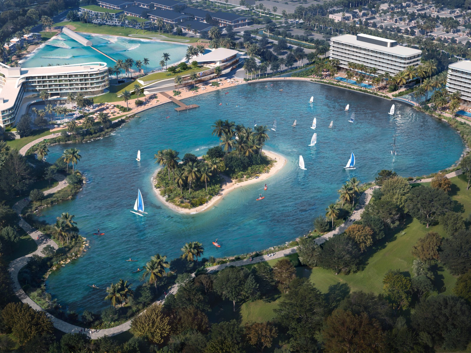 Koa Bay — aerial rendering of the lagoon, island, surf park and resort buildings