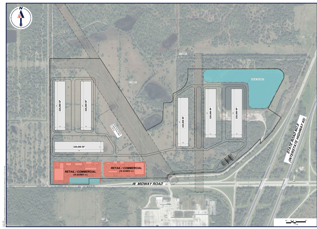 Conceptual layout plan for the Project Neptune property on West Midway Road at Interstate 95, showing six data-hall buildings, retail and commercial parcels, a proposed electrical substation, and the existing lake