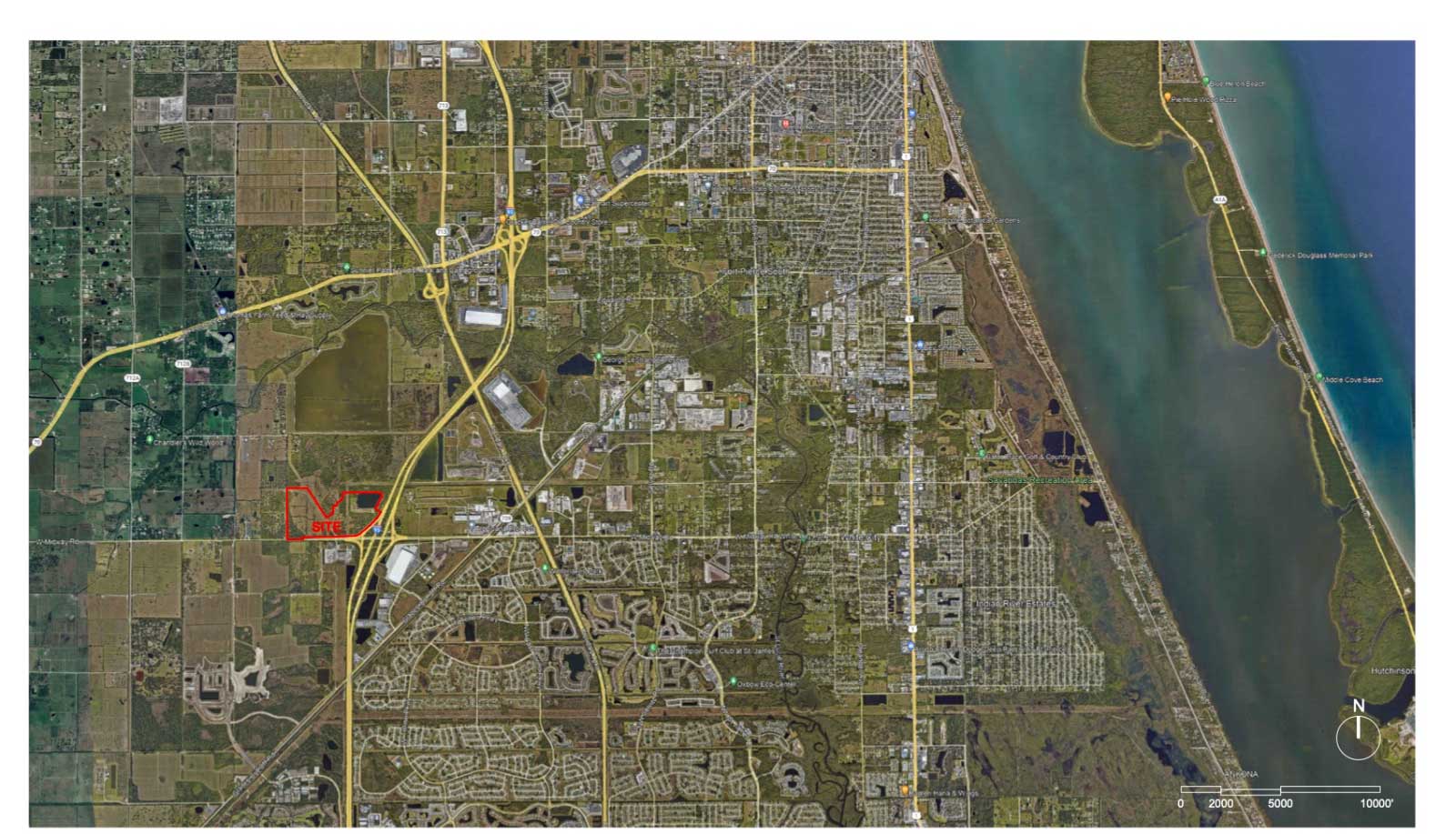 Regional aerial map showing the Project Neptune site, Interstate 95, and surrounding land uses near Fort Pierce, Florida